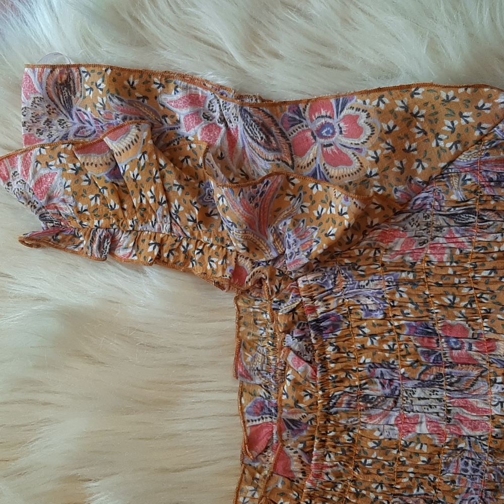 Nanette Lepore Burnt Orange Floral Print Ruched Ruffle Bottom Top, Large, NWT - Picture 3 of 12